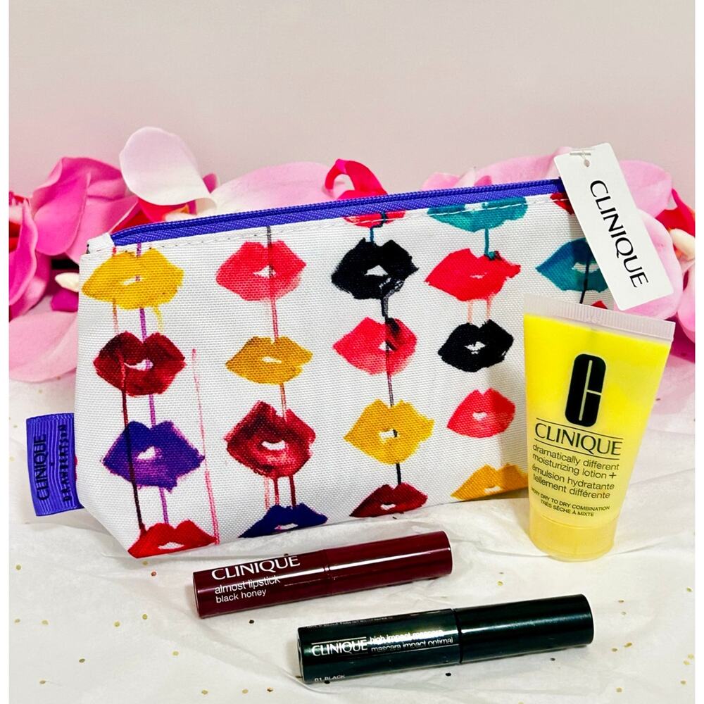 Clinique Beauty Bundle Black Honey Lipstick Mascara Lotion Cosmetic Bag NWT